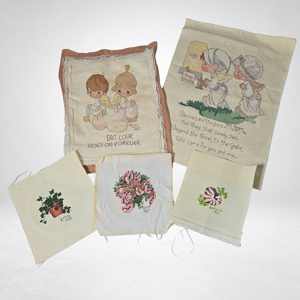 Handmade Cross Stitch Art Lot OS Cream Good Vintage Precious Moments Signed